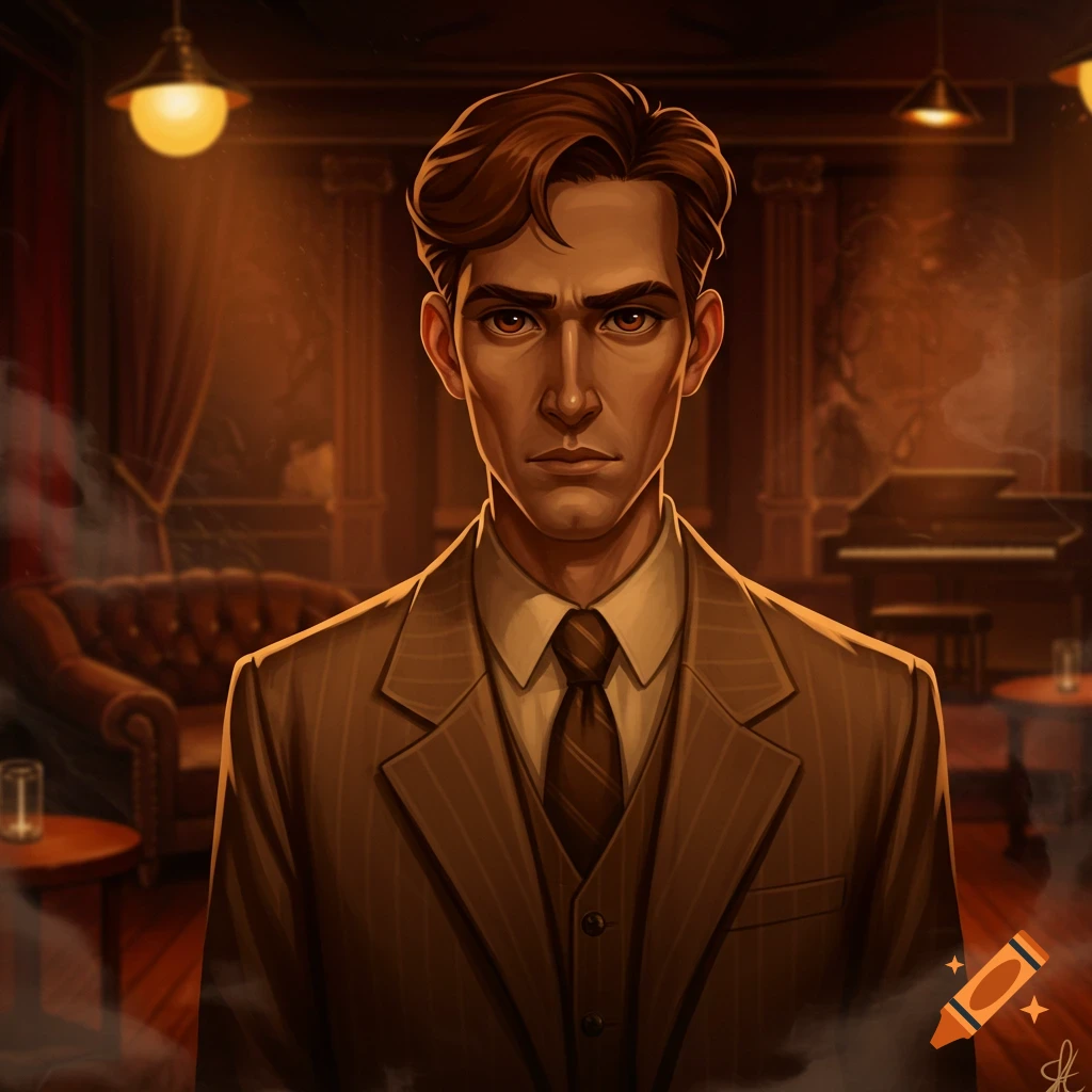 A stern brown-eyed man in a pinstripe suit and tie, illuminated by warm light in a dark, vintage-style room with a piano and couch. Illustration.