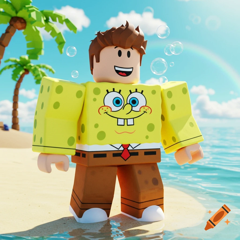 A 3D rendered Roblox avatar boy wearing a Spongebob Squarepants outfit stands on a sunny beach with palm trees and ocean in the background.