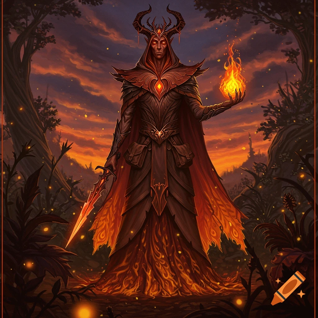 A horned, cloaked demon-like figure with a fiery dagger and a fire orb in a dark, enchanting forest at sunset.