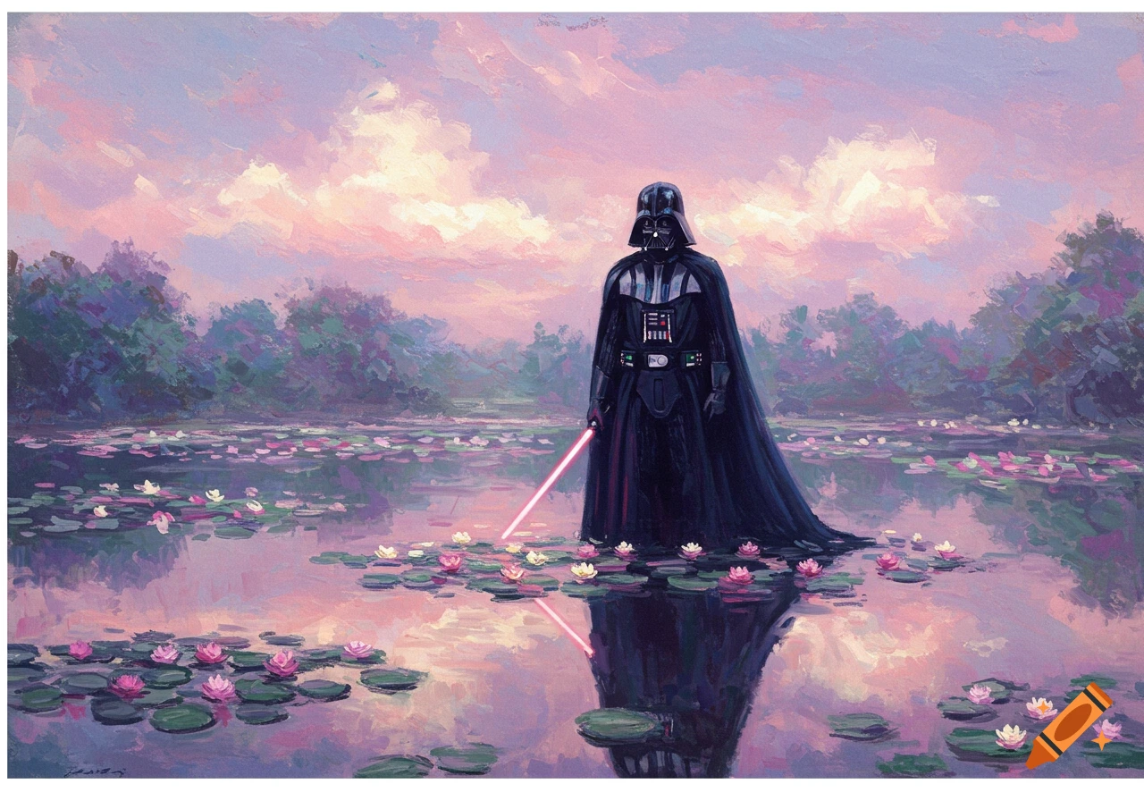 An impressionistic painting of Darth Vader standing in a water lily pond at sunset, holding a red lightsaber.