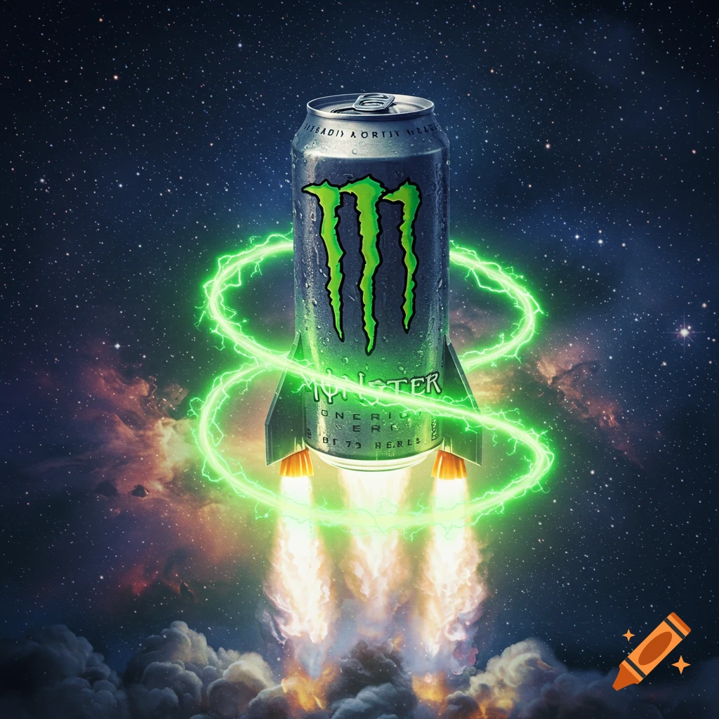 A Monster Energy drink can designed like a rocket, launching into a starry space with green lightning energy swirling around it and fiery thrusters.