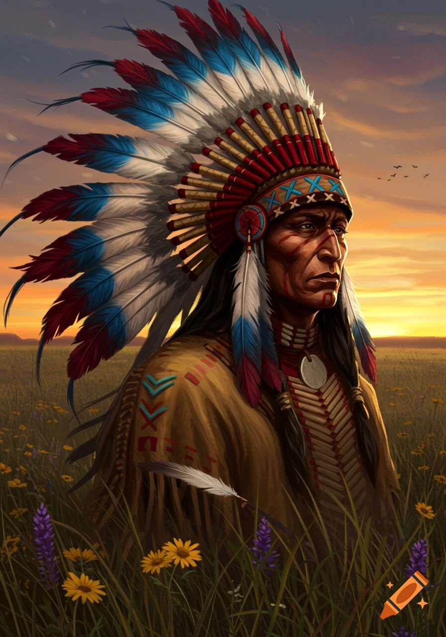 Detailed portrait of a Native American warrior in a feathered headdress and traditional clothing, standing in a field at sunset.