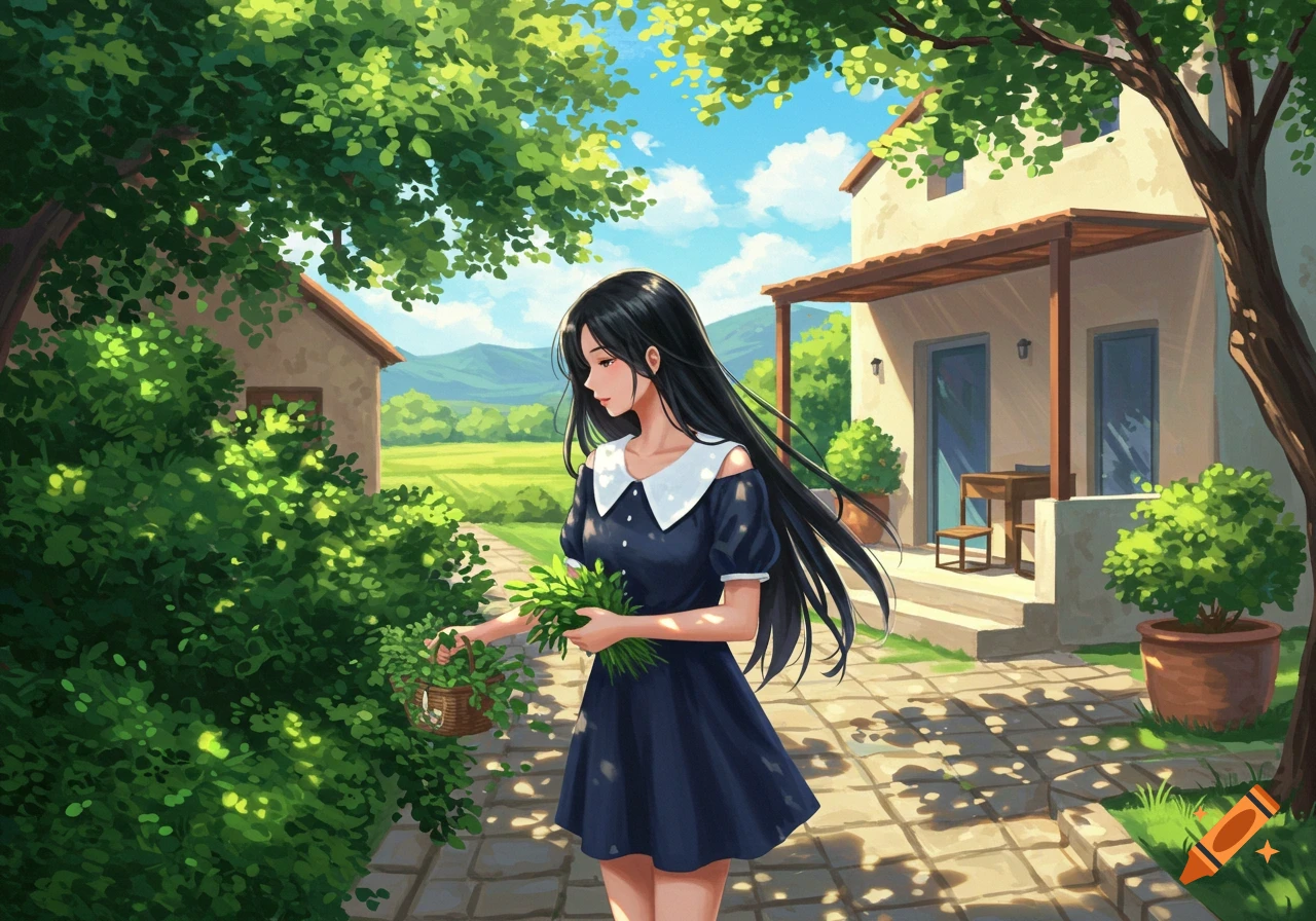 Anime girl with long black hair collecting greens in a basket in a sunny garden with houses.