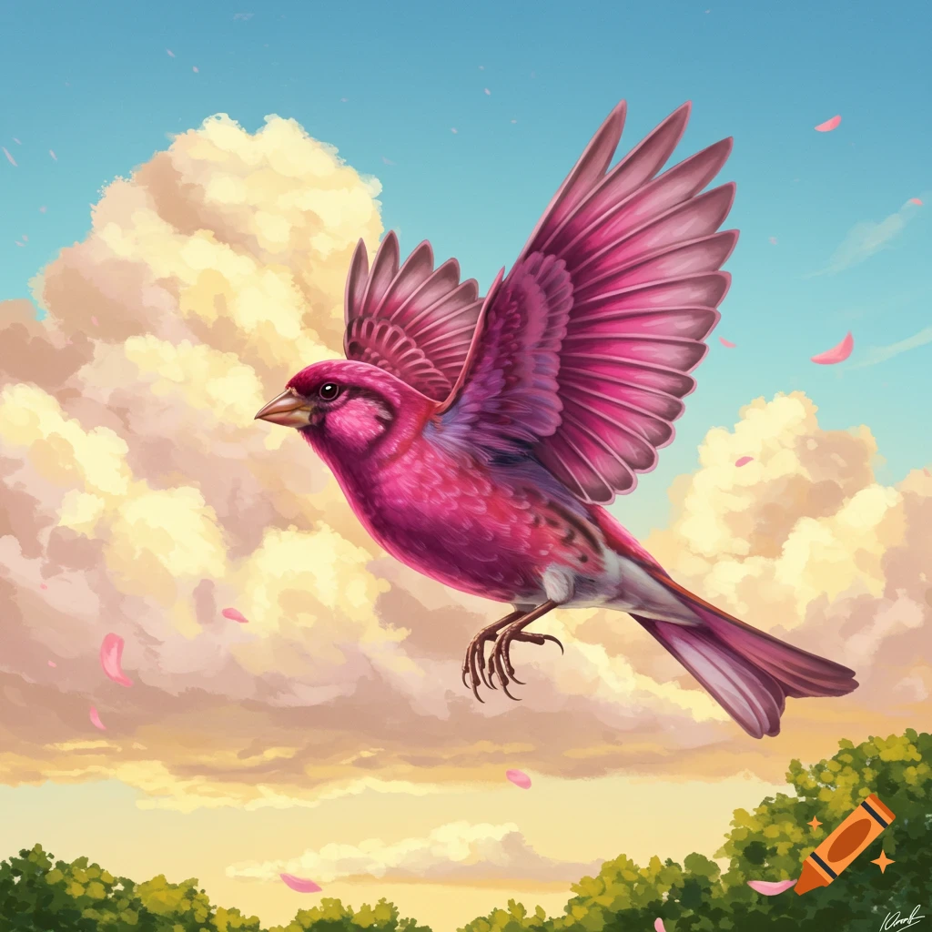 A vibrant pink bird with outstretched wings flies through a blue sky with fluffy clouds, above green treetops. Stylized illustration.