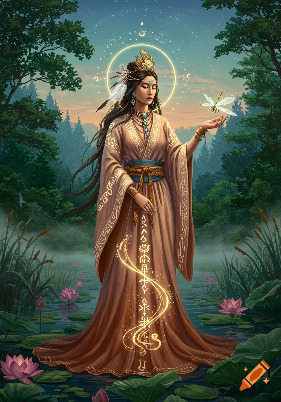 A serene goddess-like figure in a flowing, patterned robe stands in a misty pond with lotus flowers, holding a glowing dragonfly.