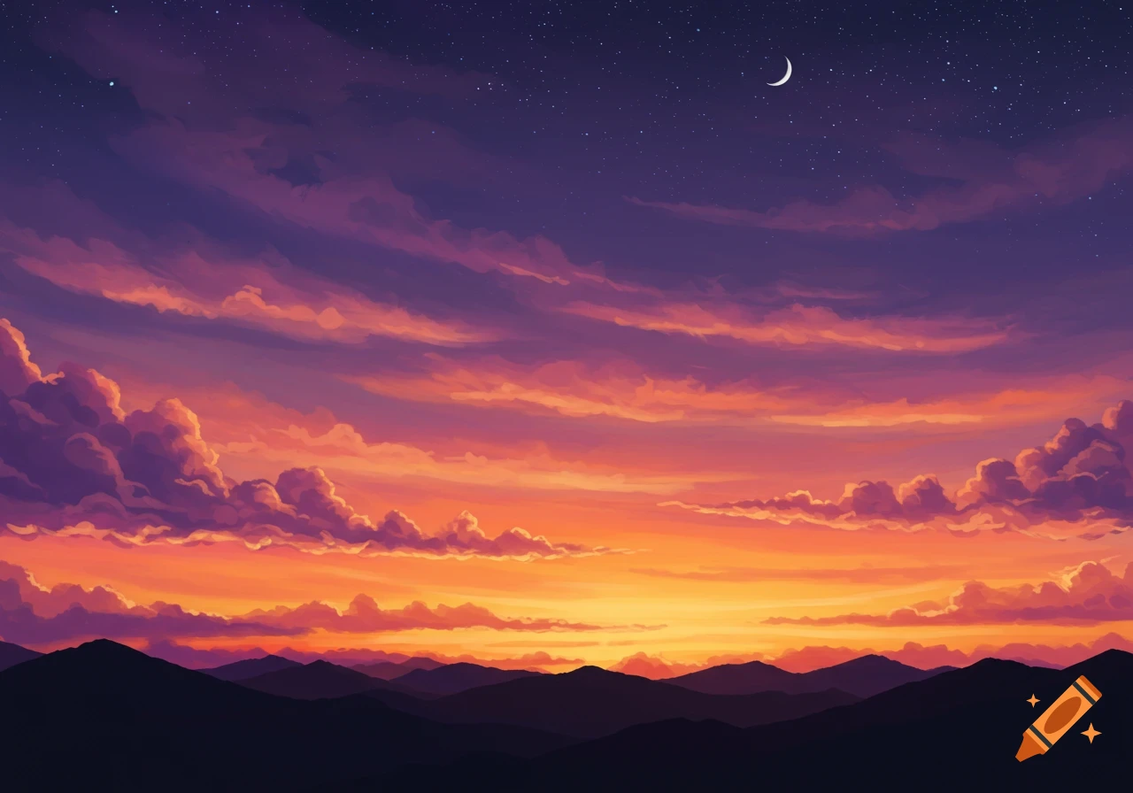 Vibrant orange, pink, and purple sunset sky with clouds over dark mountain silhouettes, crescent moon and stars.