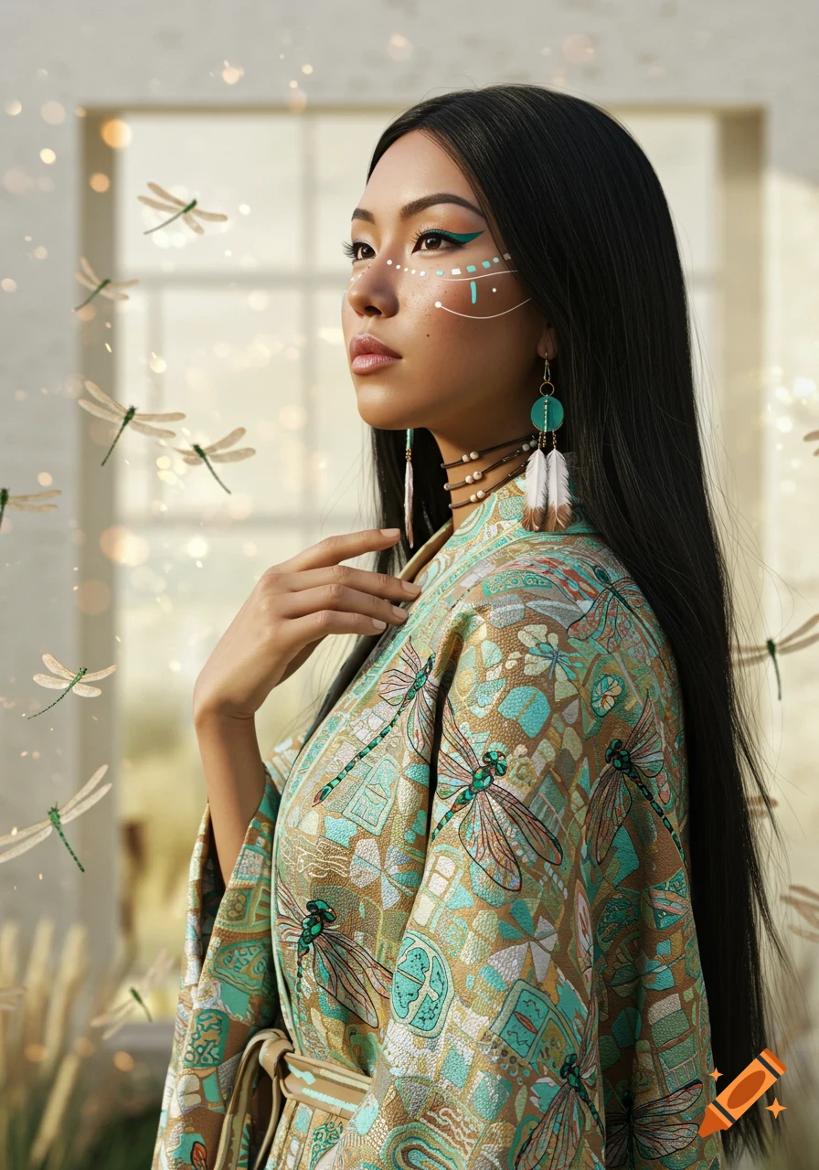 Photorealistic portrait of a woman with face paint, long dark hair, and a dragonfly-patterned robe, surrounded by dragonflies.
