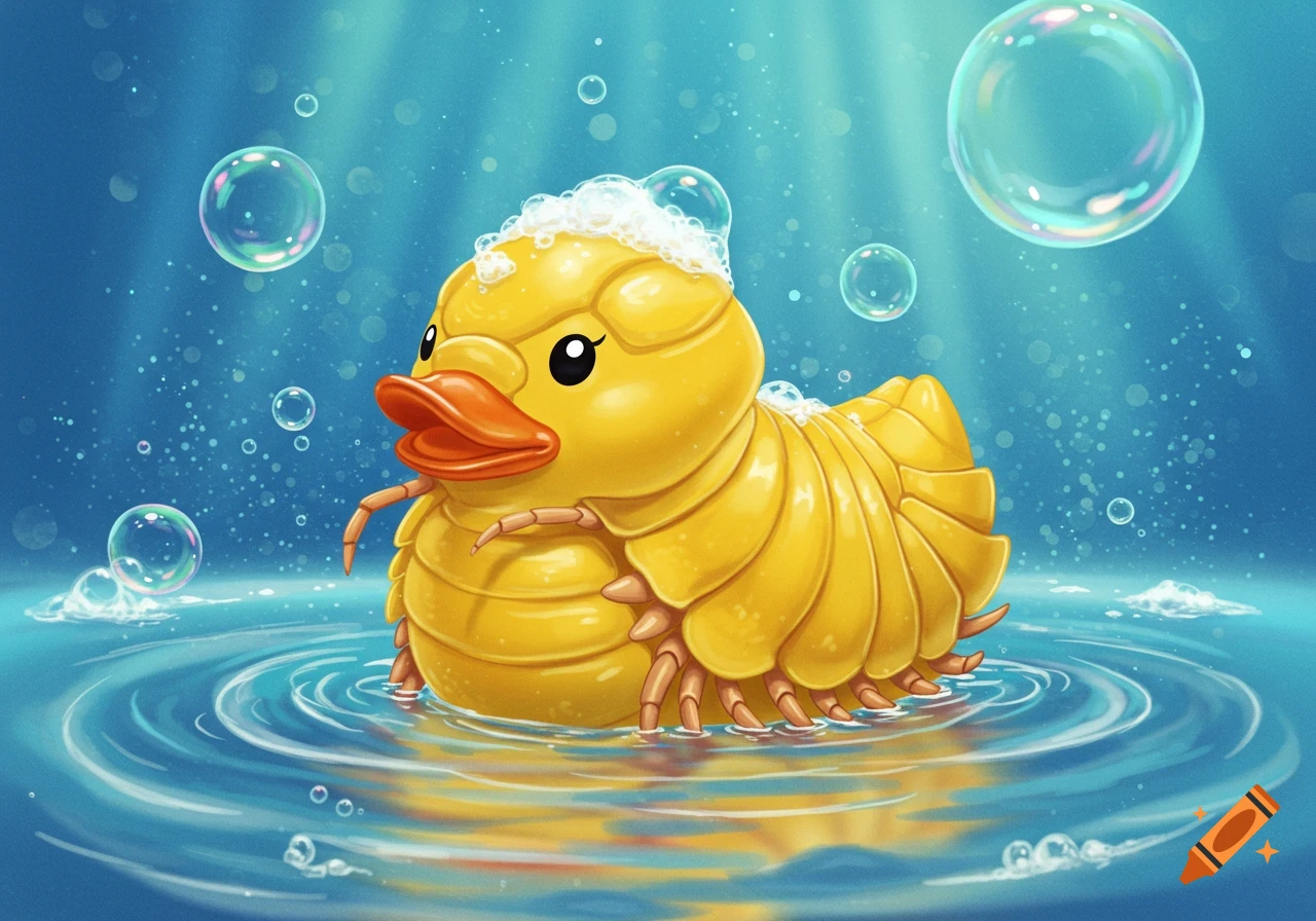 Cartoon yellow rubber ducky-isopod hybrid with bubbles in blue water, stylized illustration.