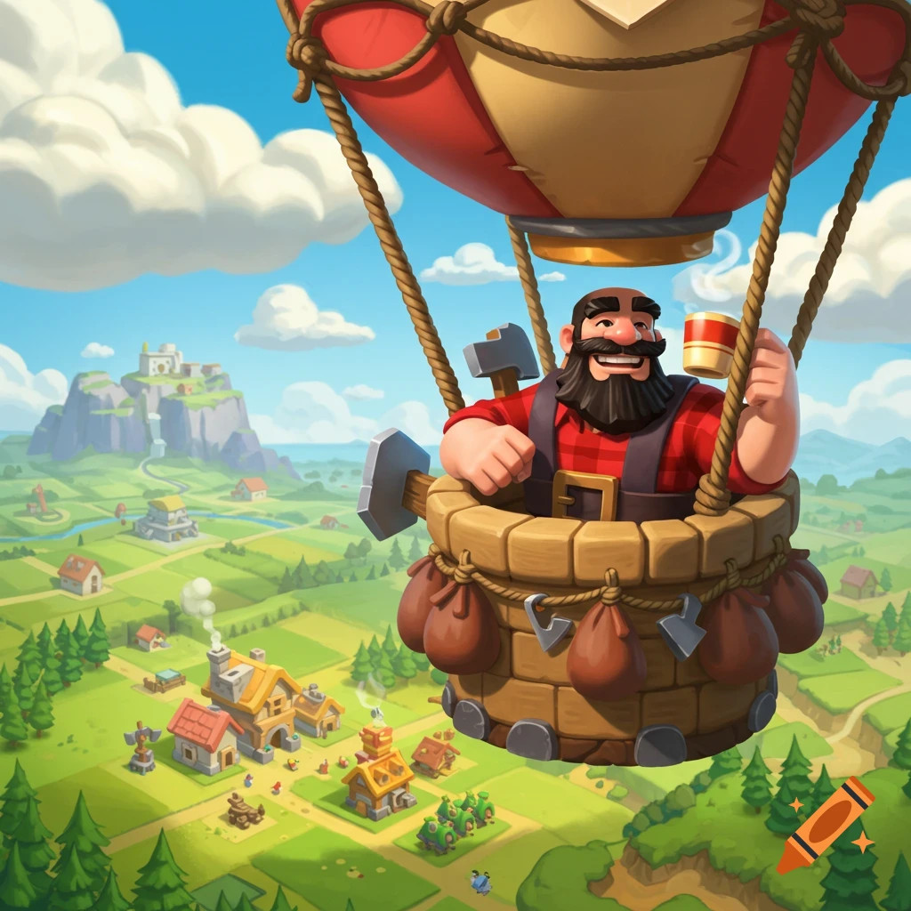 A stylized cartoon lumberjack with a beard sits in a hot air balloon, holding a mug, flying over a vibrant fantasy village and castle.