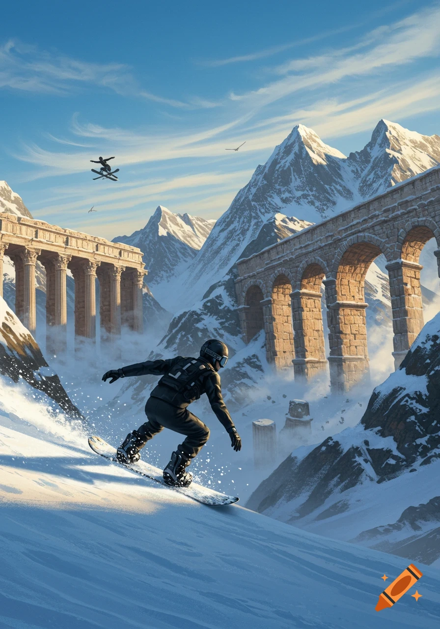 A snowboarder descends a snowy mountain past ancient Roman ruins and an aqueduct. A skier jumps in the distance.