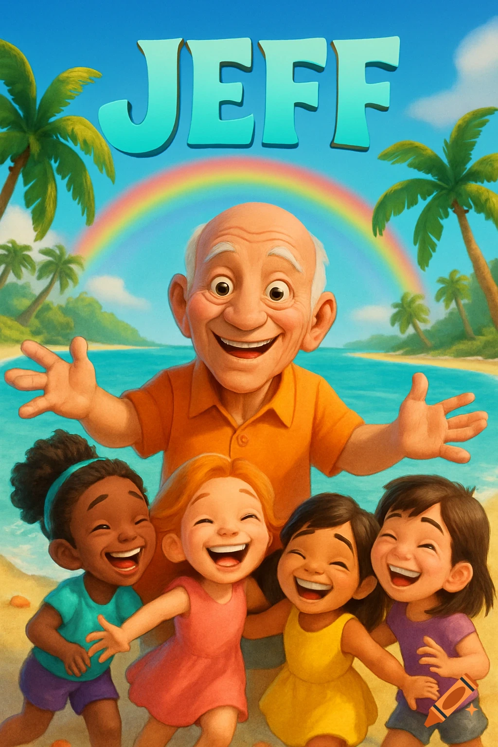 Animated poster for 'JEFF' showing a smiling old man with open arms surrounded by happy girls on a tropical beach with a rainbow.