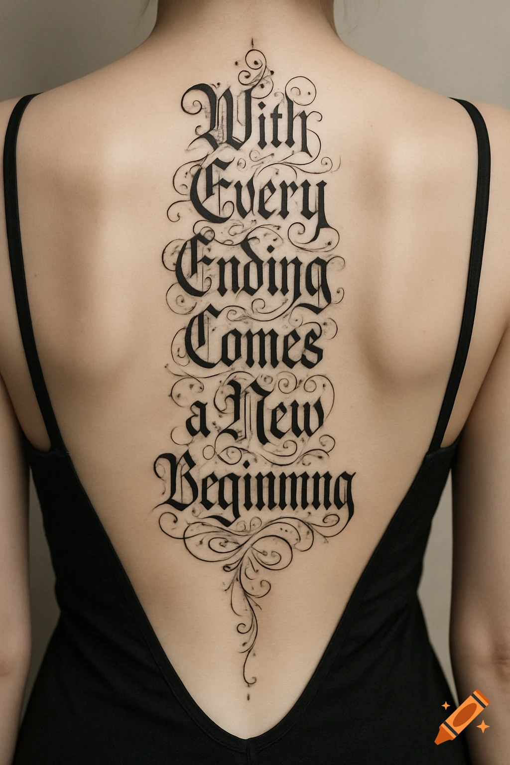 A detailed calligraphic tattoo on a person's bare back, reading "With Every Ending Comes a New Beginning" in an ornate script.