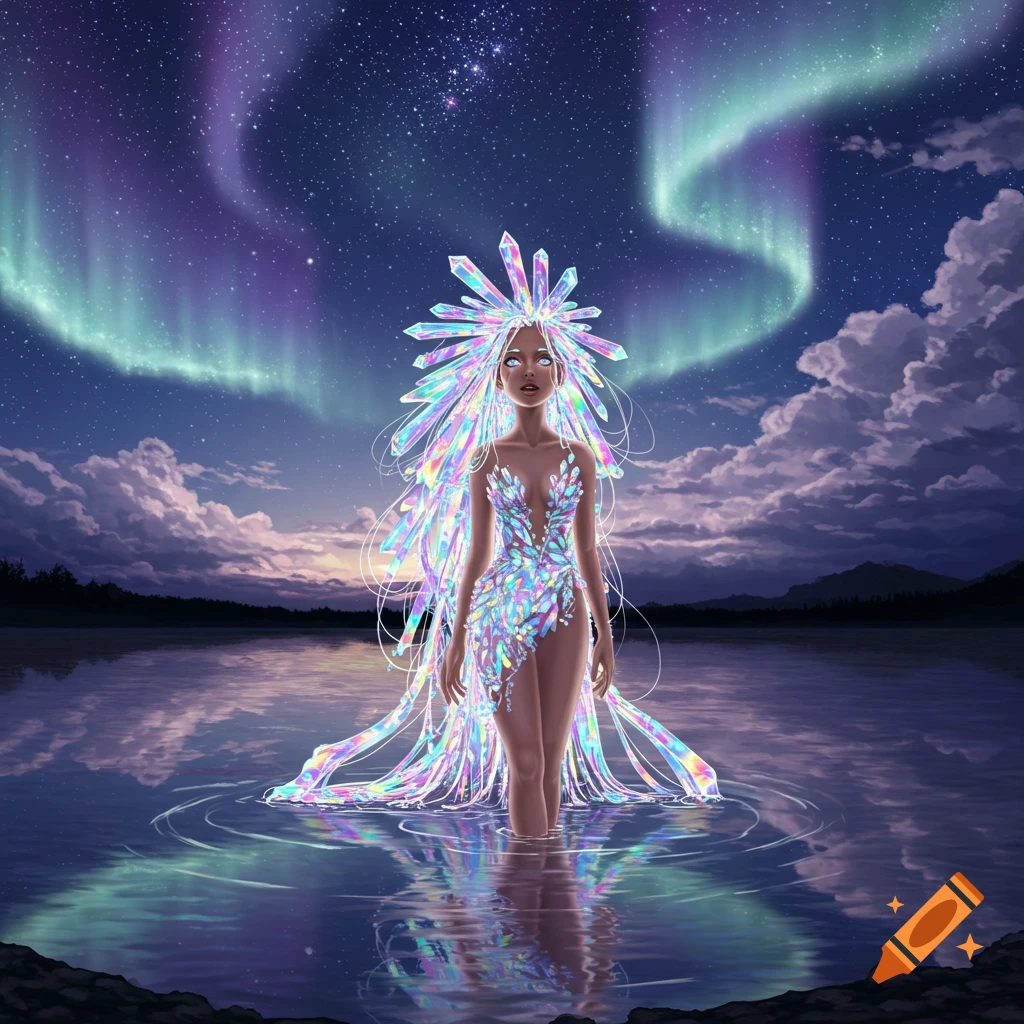 A fantastical woman with a crown and flowing hair made of iridescent crystals stands in water under a starry night sky with aurora borealis.