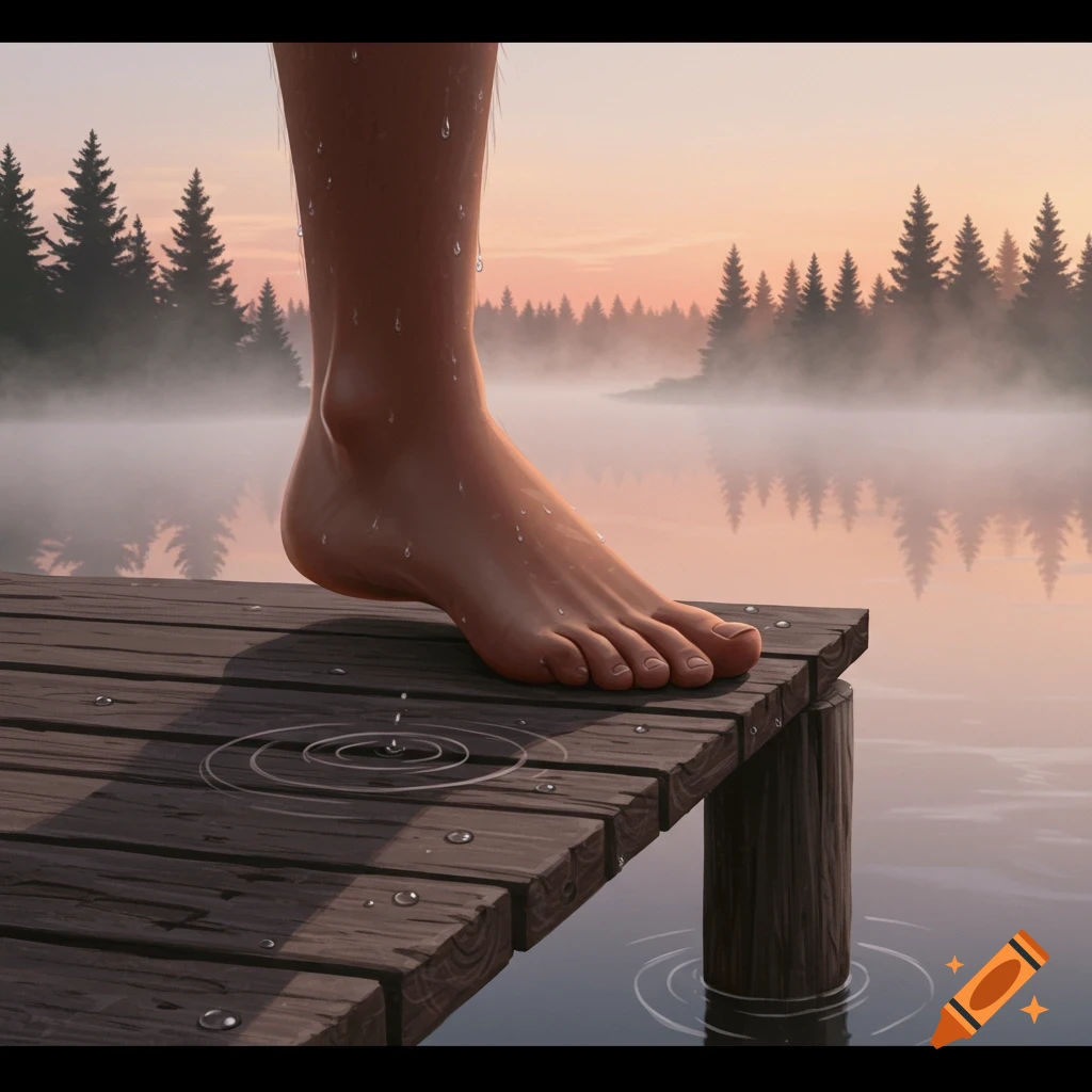 A wet bare foot stands on a wooden dock over a misty lake with pine trees at sunrise, water dripping.