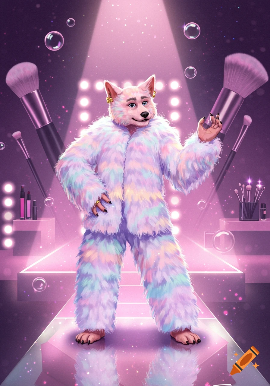 A furry wolf-like character in a vibrant, fluffy rainbow coat poses on a pink-lit stage surrounded by large makeup brushes and cosmetics.