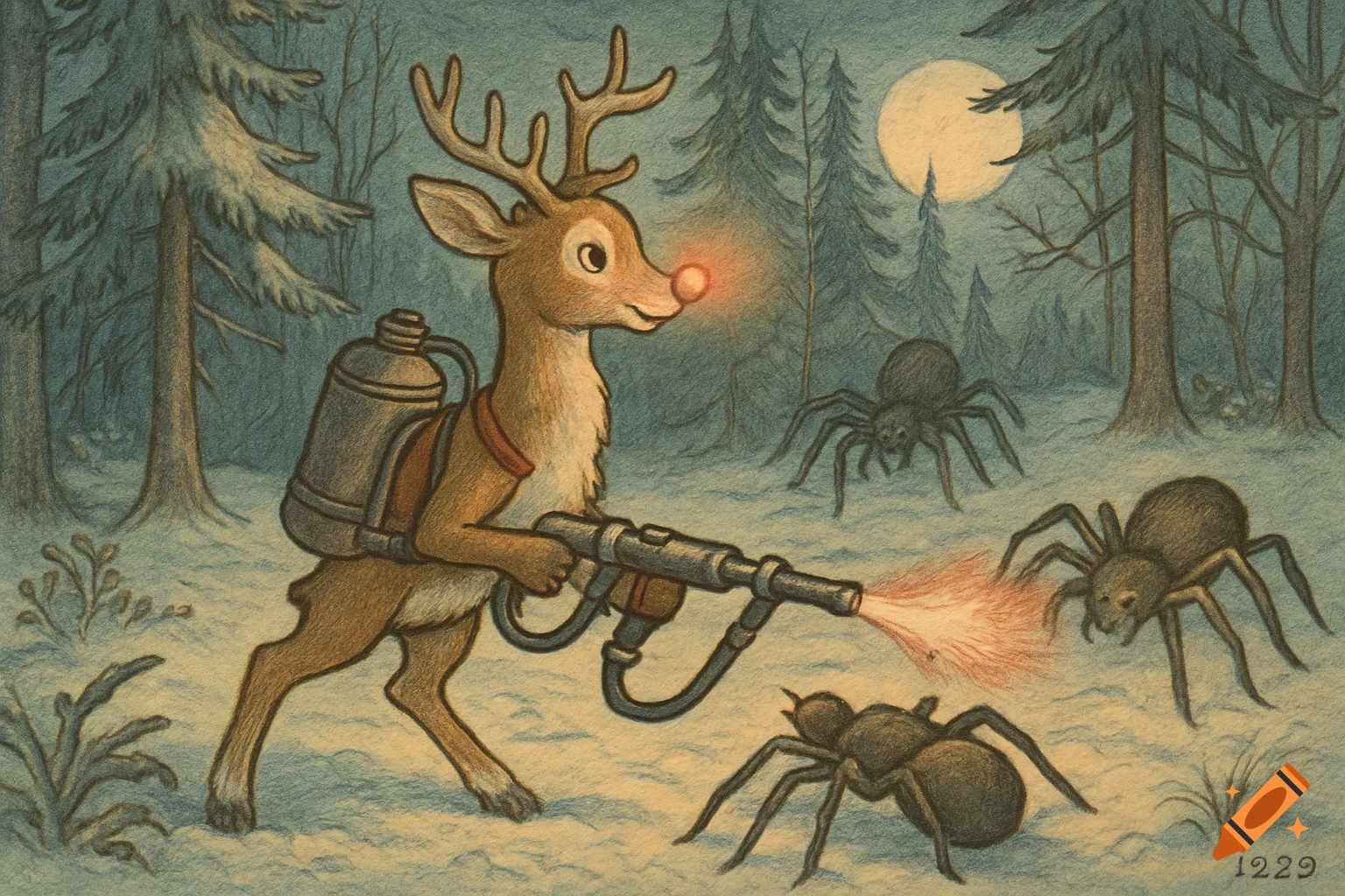 Vintage illustration of Rudolph the Red-Nosed Reindeer with a flamethrower, fighting large spiders in a snowy forest at night.