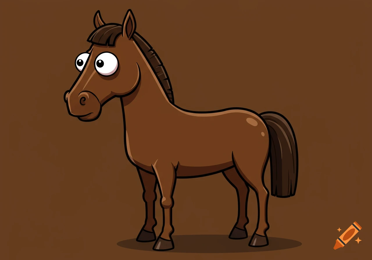 A brown cartoon horse with huge googly bobble eyes and a neutral expression in a digital art style.