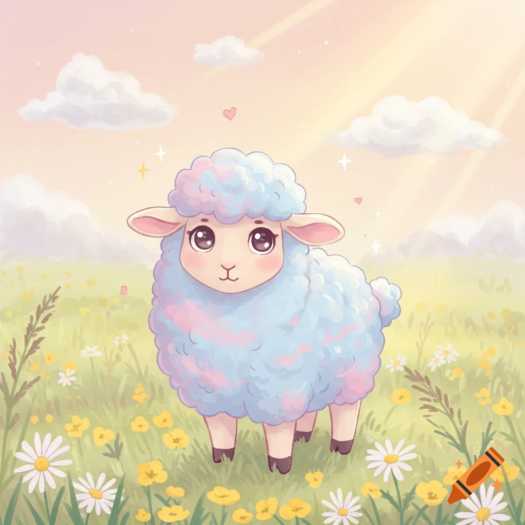 Kawaii cartoon illustration of a fluffy, pastel blue and pink sheep in a sunny meadow with flowers.