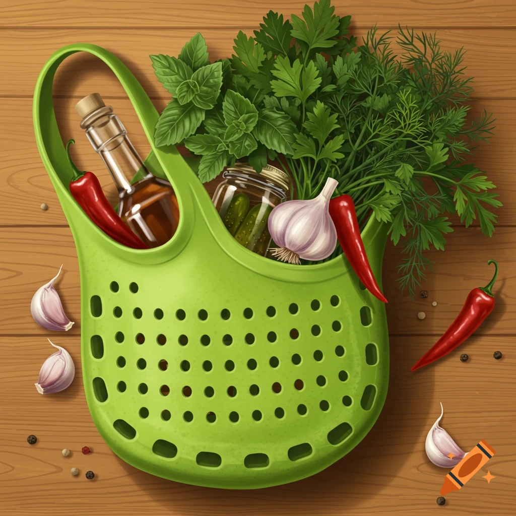 A vibrant illustration of a green shopping bag filled with fresh herbs, garlic, chili peppers, a vinegar bottle, and pickled gherkins on a rustic wooden table.