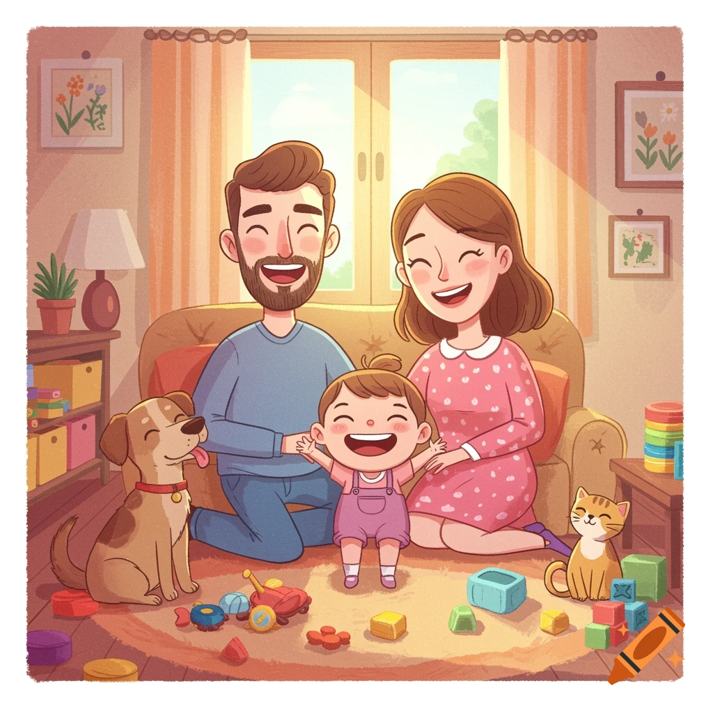 A happy cartoon family with a father, mother, baby, dog, and cat in a cozy living room with toys.