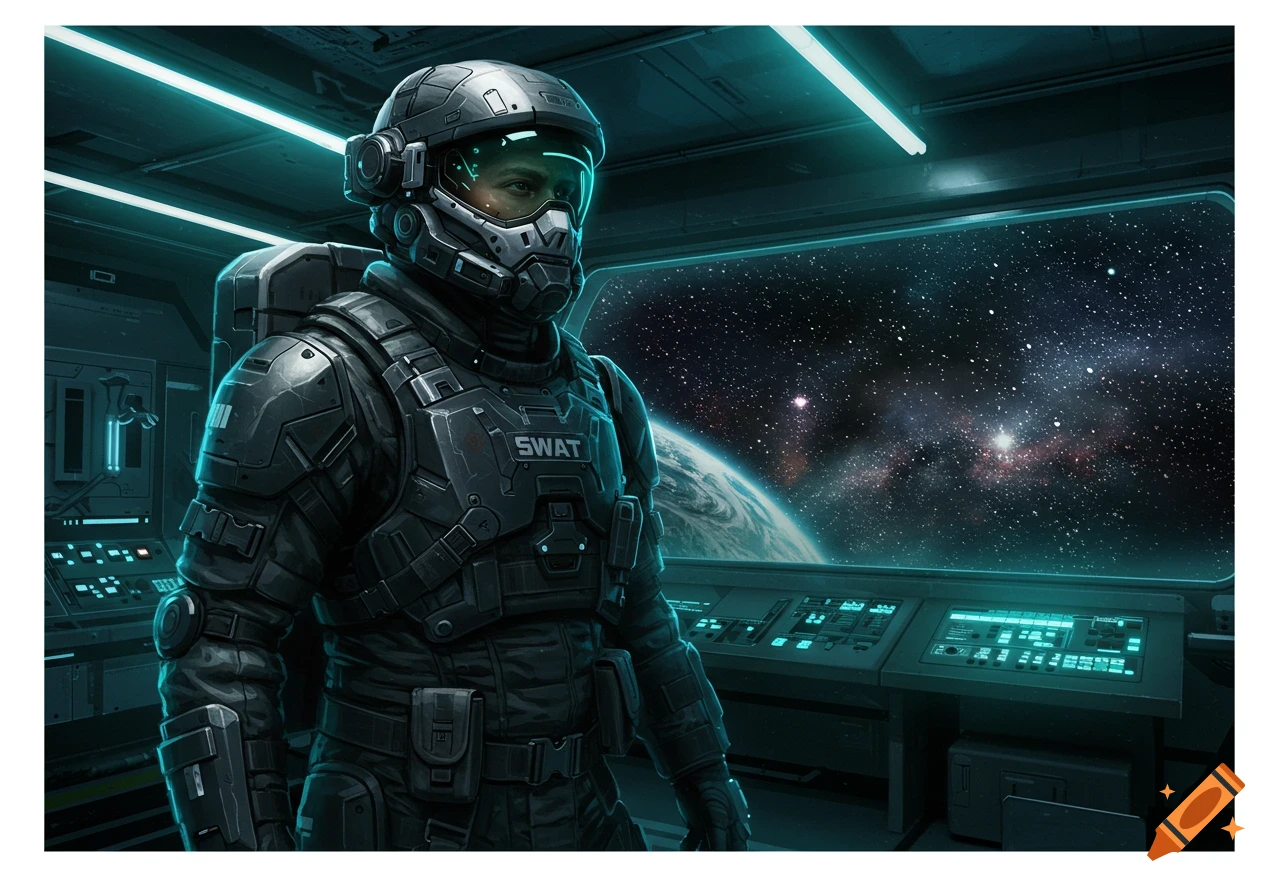 A futuristic soldier in dark SWAT-style armor and helmet stands in a spaceship cockpit, looking out at Earth and a starry galaxy.