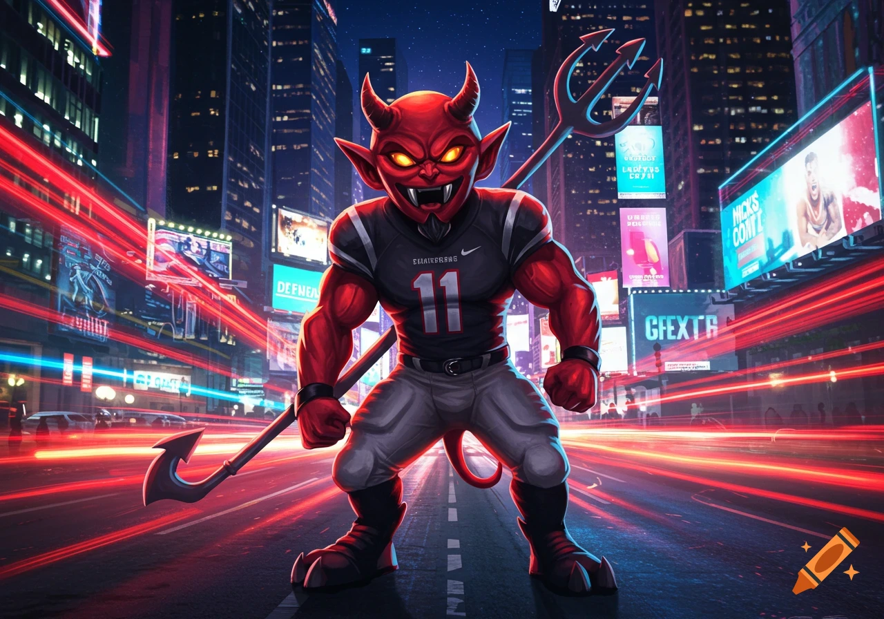 A red devil mascot with horns, a tail, and a trident, wearing a football jersey with number 11, stands on a city street at night amidst neon lights and blurred traffic trails.