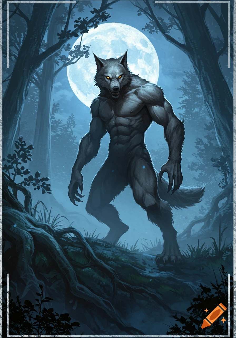 A muscular, grey werewolf with glowing yellow eyes stands in a dark, moonlit forest under a full moon.
