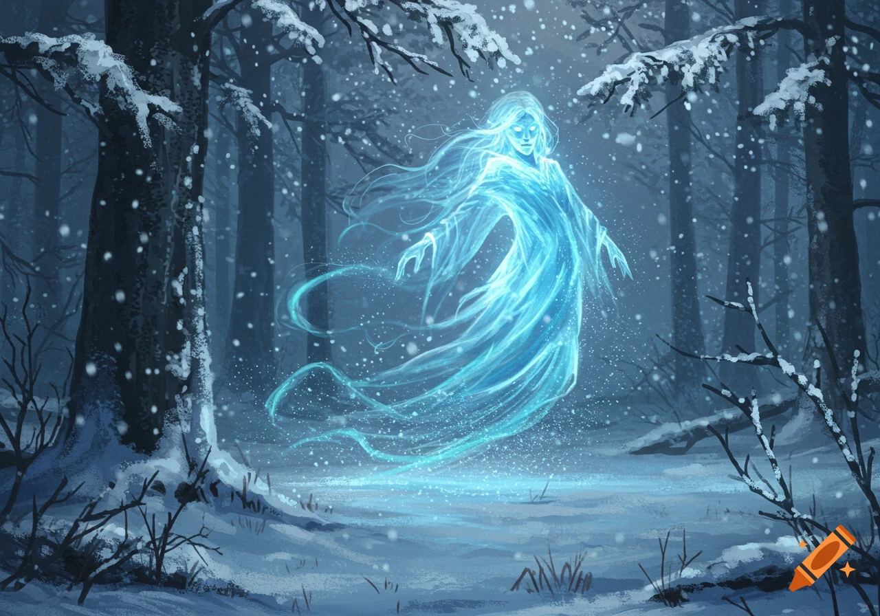 A glowing blue wraith with flowing ethereal wisps floats in a dark, snowy forest with snow falling.