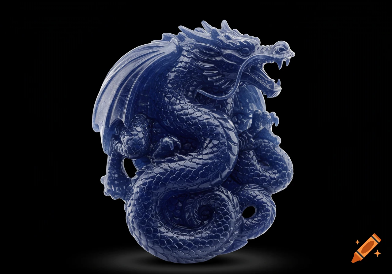 A dark blue sapphire carved into a highly detailed, raging dragon with wings and scales, on a black background.