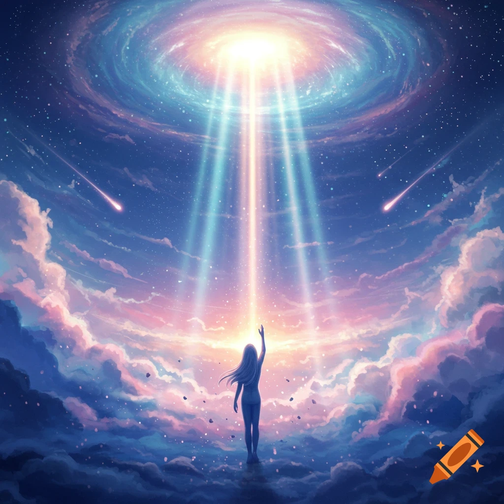 A person with long hair reaches upwards into a vibrant, swirling cosmic sky with light beams, clouds, and shooting stars in an anime-fantasy style.