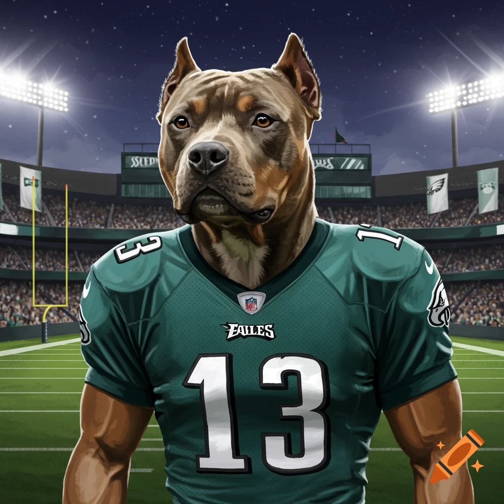 A pitbull wearing a green Philadelphia Eagles football jersey with the number 13, standing on a football field in a stadium at night.
