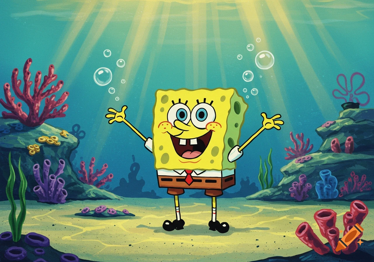 Spongebob Squarepants smiling with arms wide open underwater, surrounded by coral and bubbles.
