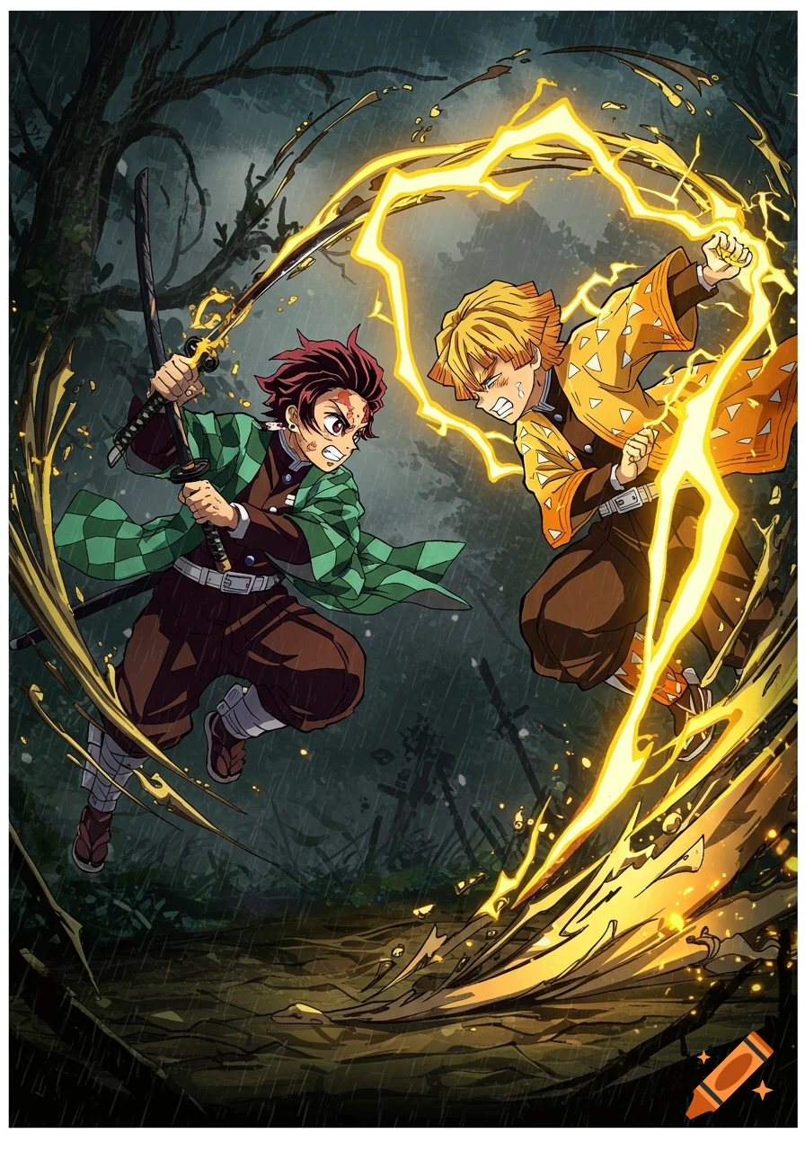 Two anime characters, Tanjiro and Zenitsu, battle with swords and lightning effects in a dark, rainy forest.