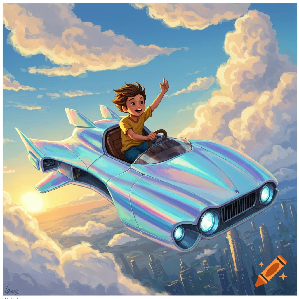 A happy boy waves from a futuristic, iridescent flying car, soaring above a city in a sunny, cloud-filled sky. Colorful illustration.