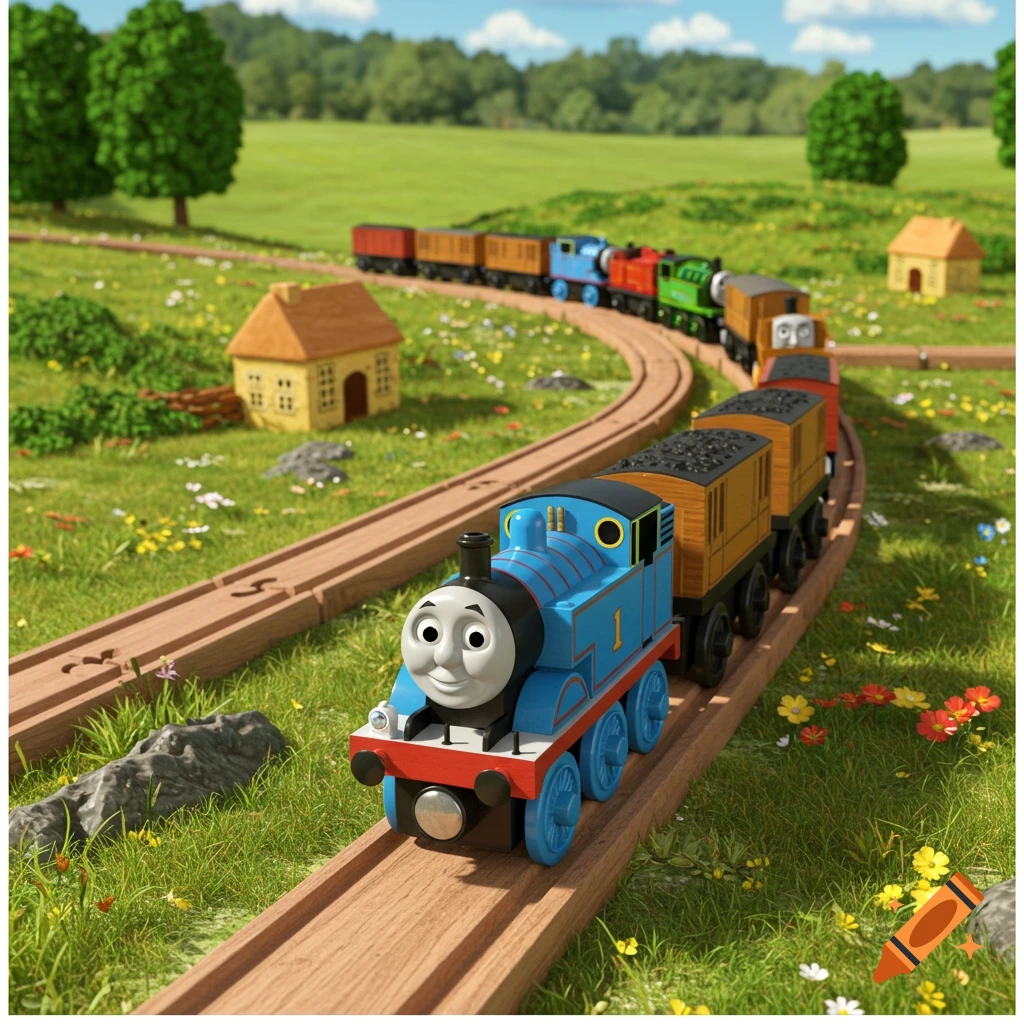 Thomas the Tank Engine leads a train on a wooden railway through a lush green field with small houses under a sunny sky.