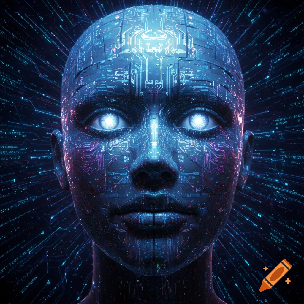 Close-up of a futuristic human-like face made of circuit boards and glowing blue lights. The eyes glow brightly.