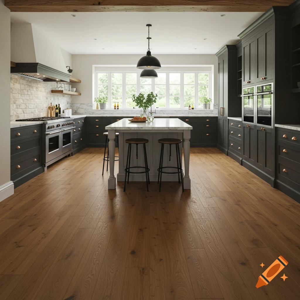 A spacious, modern kitchen with dark cabinets, light wood floors, a central island with stools, and large windows.