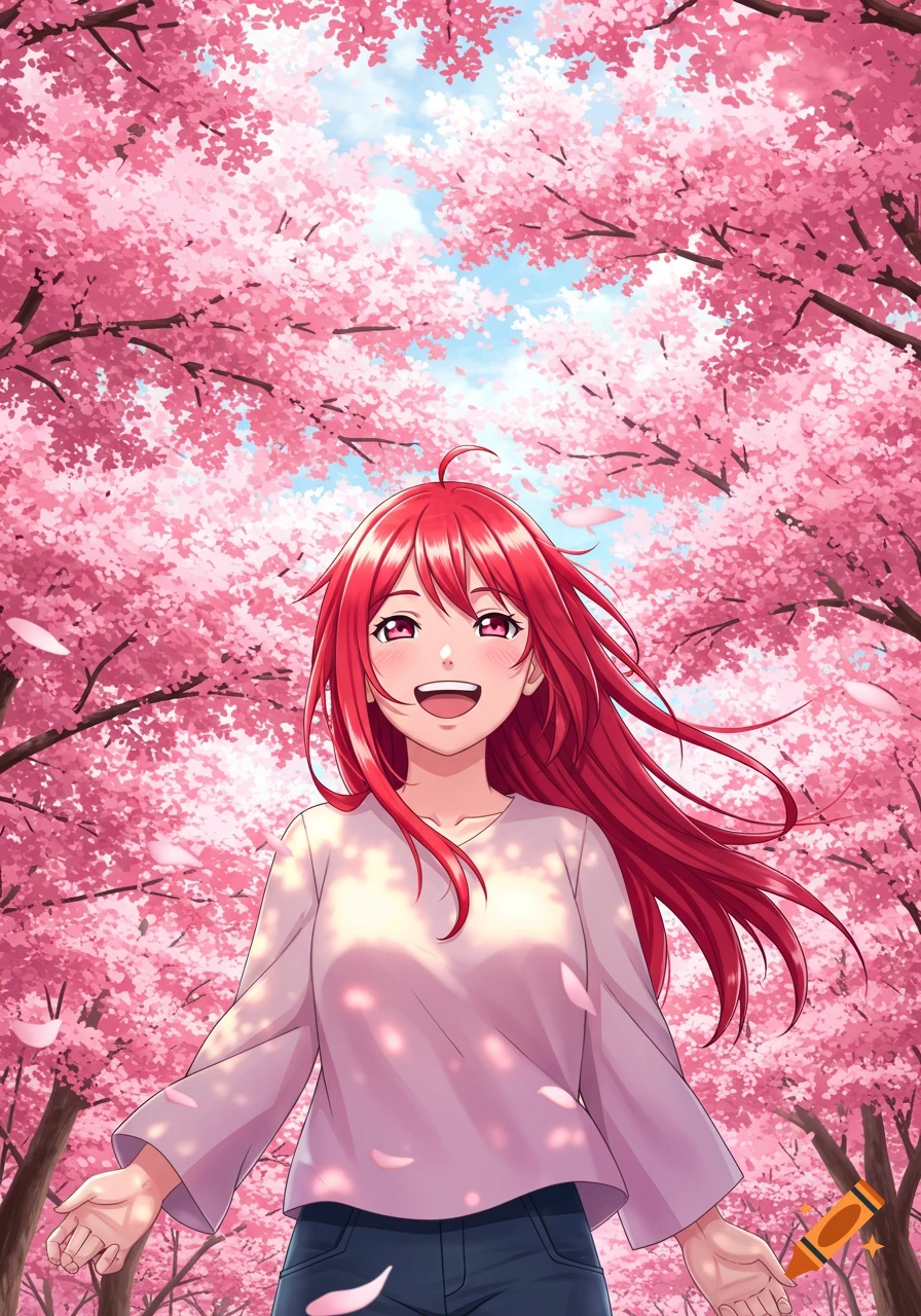 Anime girl with long red hair smiling happily under a canopy of pink cherry blossoms with falling petals.