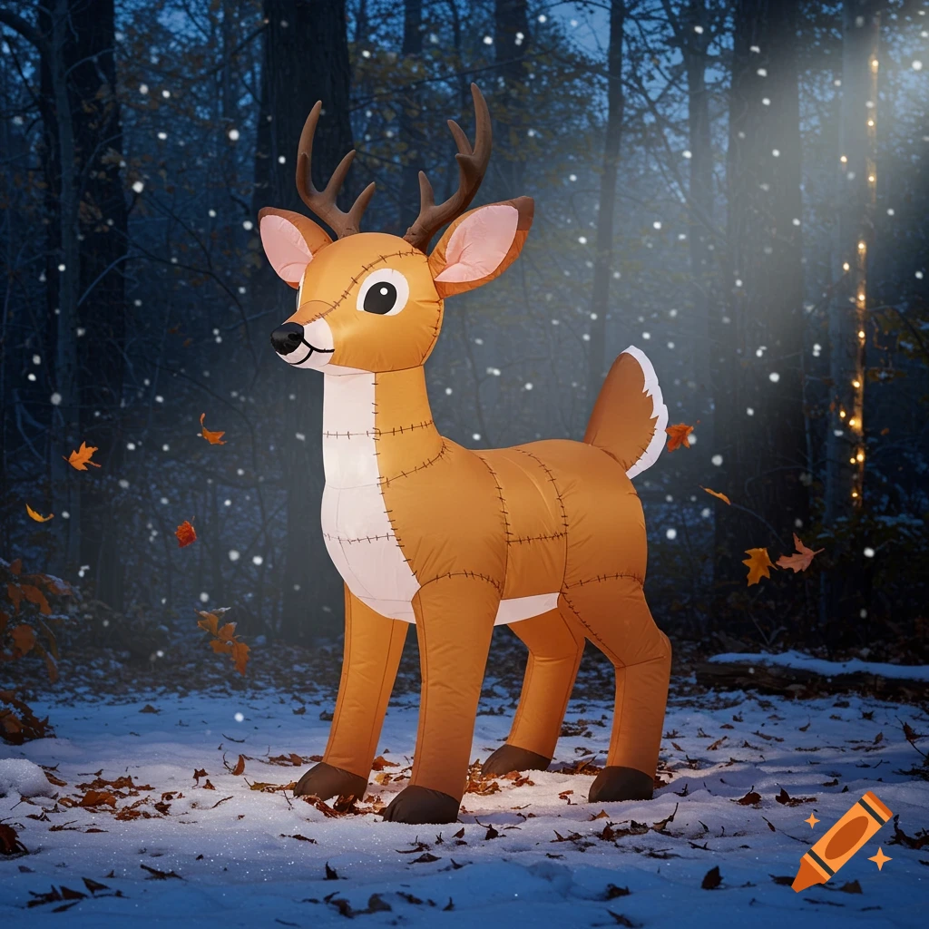 A large inflatable deer with antlers stands in a snowy forest at night, with falling snow and sparse leaves.