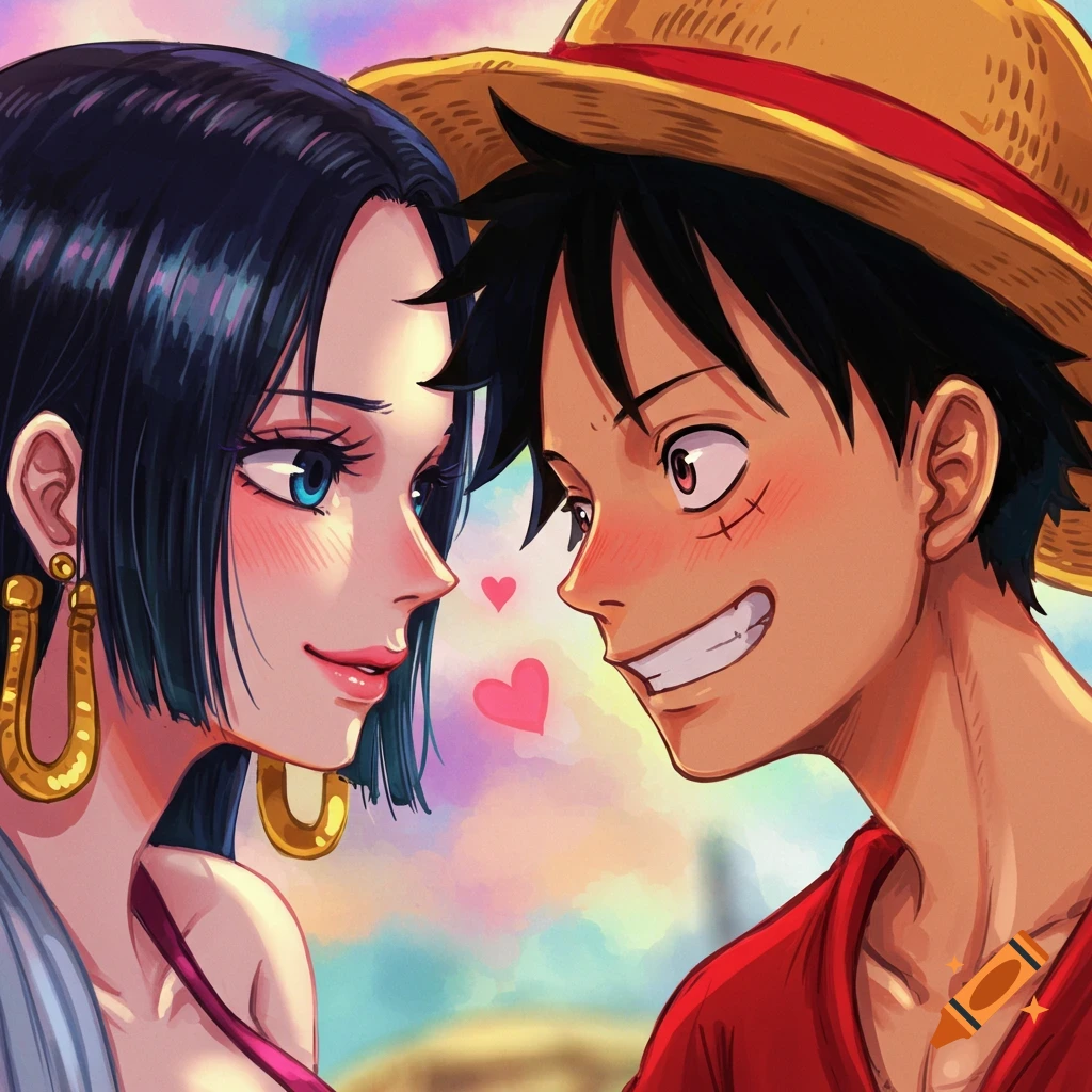 Anime illustration of Luffy and Hancock gazing lovingly at each other, with pink hearts and a colorful sky.