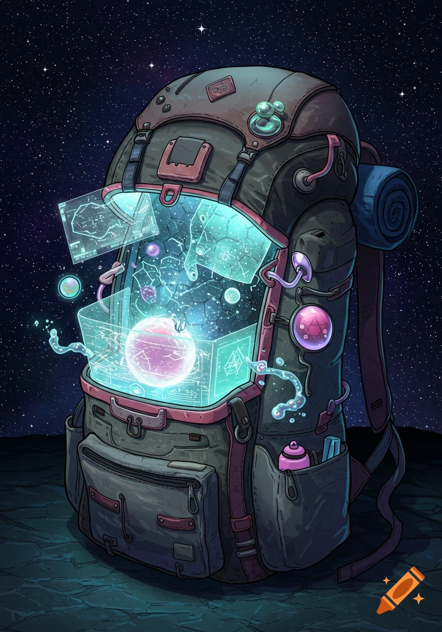 An illustrated cosmic explorer's backpack, glowing with impossible tech and magic, set against a starry night.