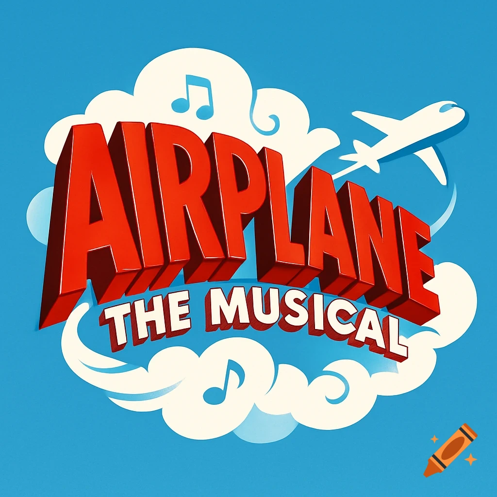 A cartoon-style logo for 'Airplane The Musical' with large red 3D text and a white airplane on a blue sky with clouds and musical notes.