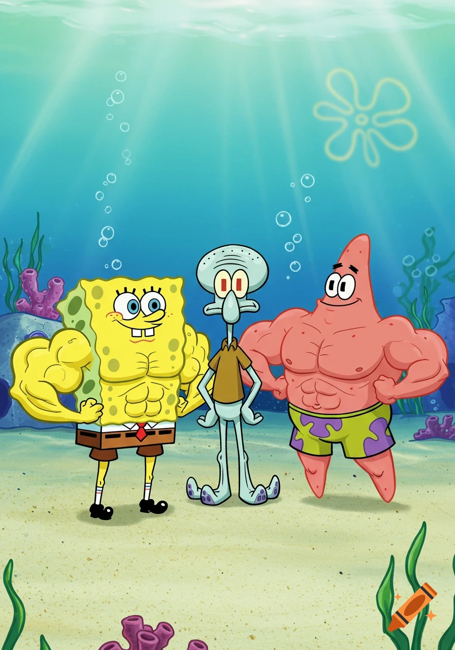 SpongeBob and Patrick, with large muscles, stand alongside a thin Squidward underwater in a vibrant cartoon style.