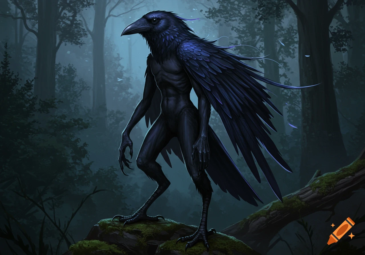 A realistic, detailed humanoid crow creature with black iridescent feathers stands upright in a dark, misty forest.