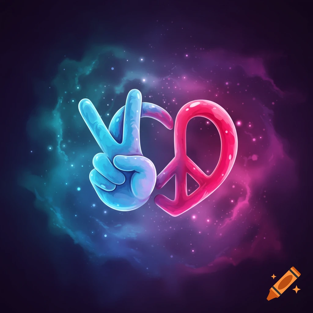Stylized blue hand making a peace sign connects to a pink heart-shaped peace symbol on a cosmic background.