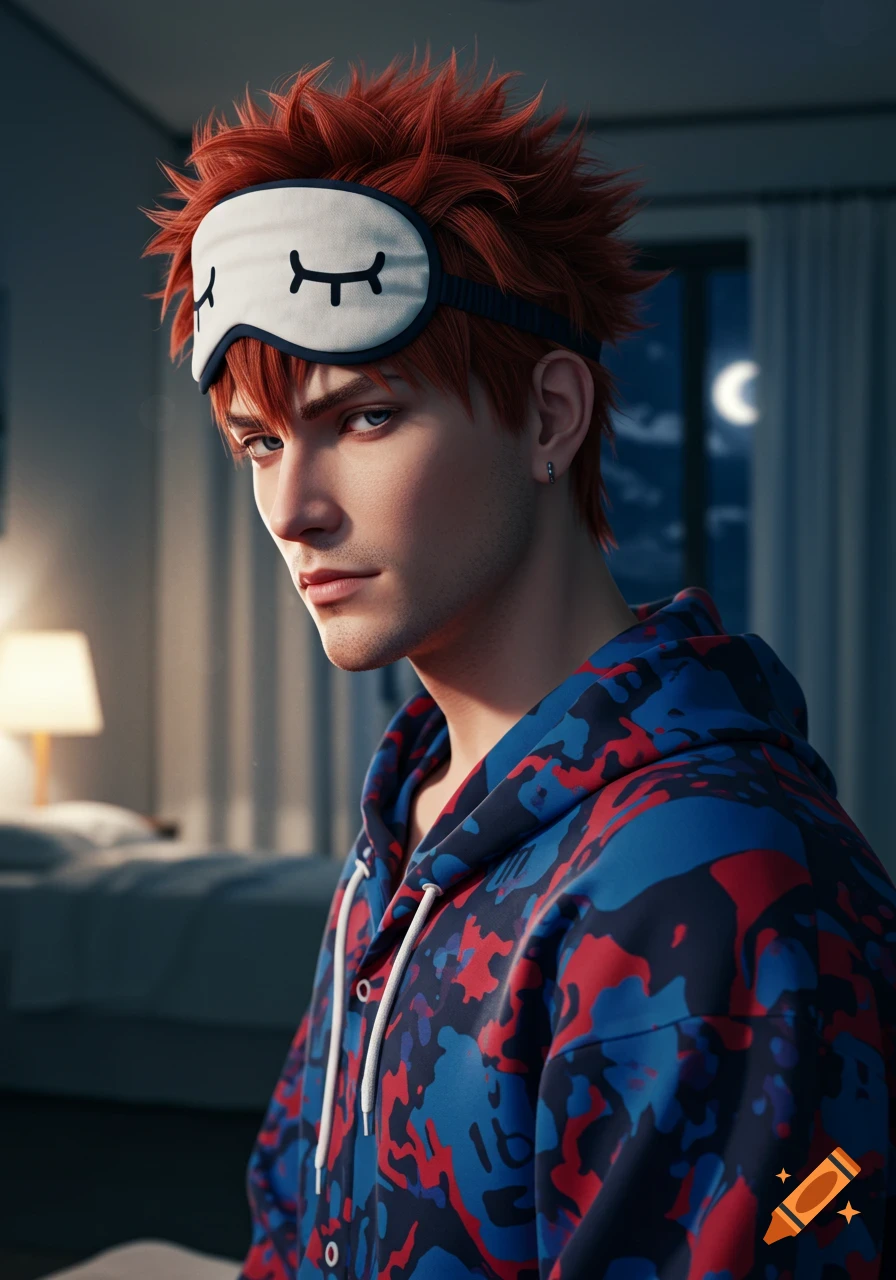 Photorealistic portrait of a red-haired man with blue eyes, wearing a white sleeping mask and a blue and red camouflage hoodie, looking over his shoulder in a bedroom at night.