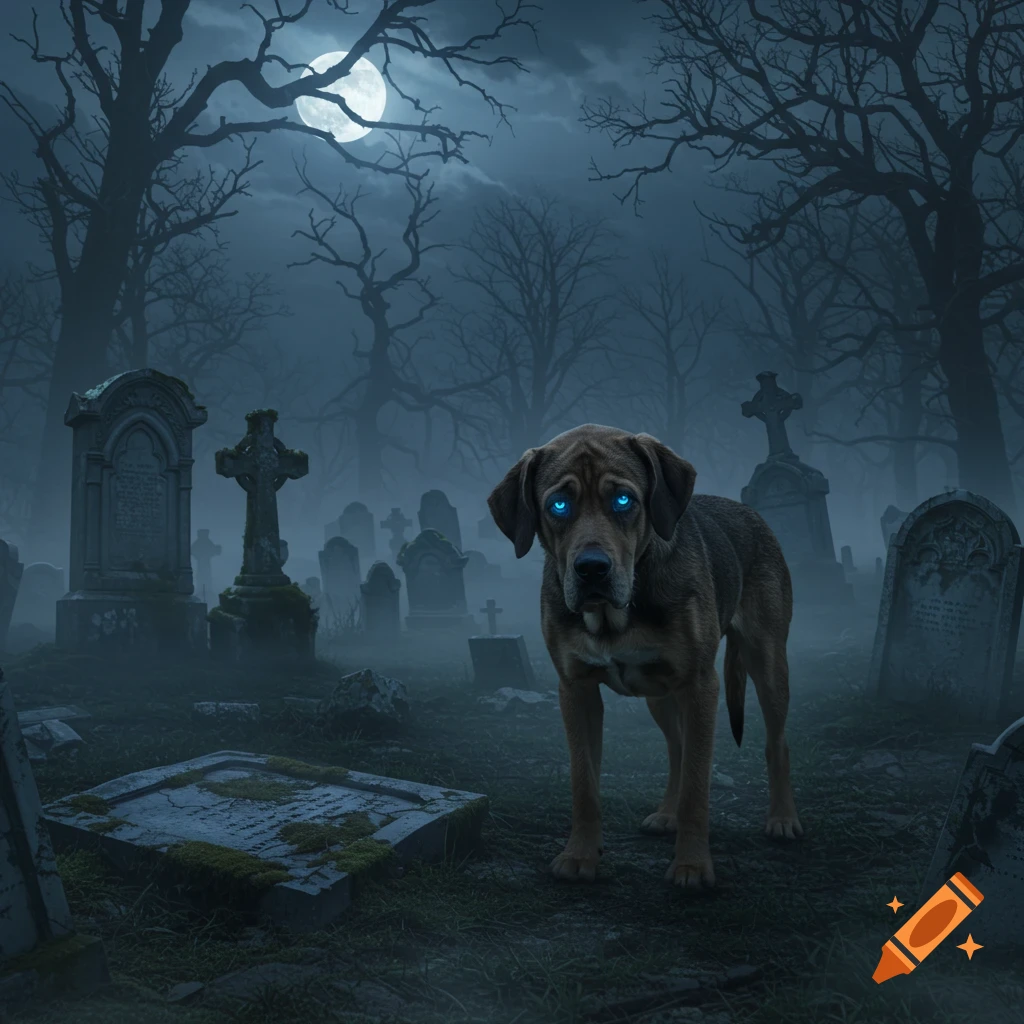 A brown dog with glowing blue eyes stands in a foggy graveyard at night under a full moon, with bare trees.