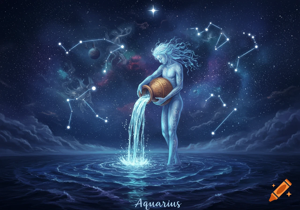 A stylized blue-skinned figure pours water from a jar into the ocean under a starry night sky with constellations, depicting the Aquarius zodiac sign.