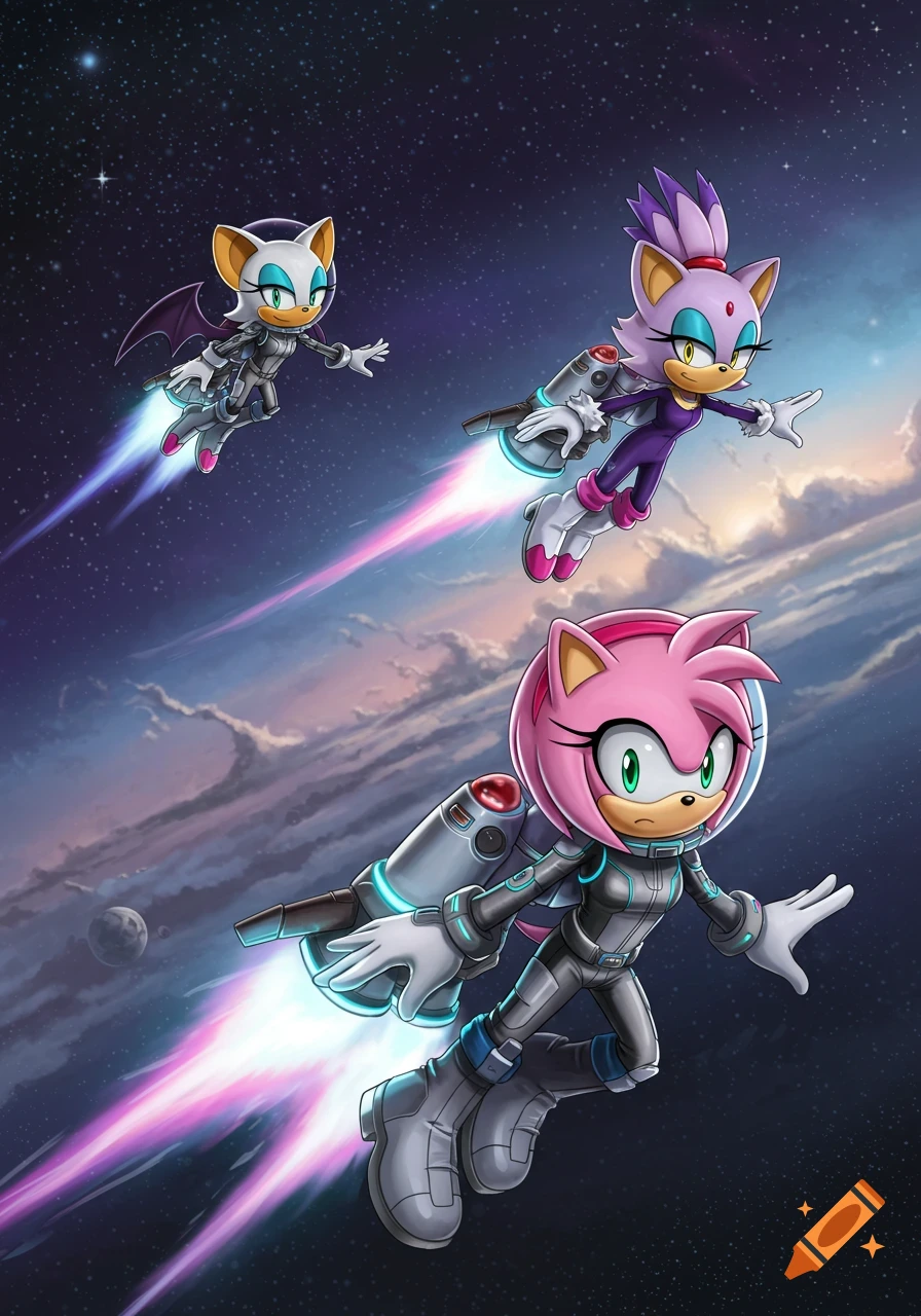 Amy Rose, Rouge the Bat, and Blaze the Cat in spacesuits fly through space with jetpacks, leaving colorful trails.