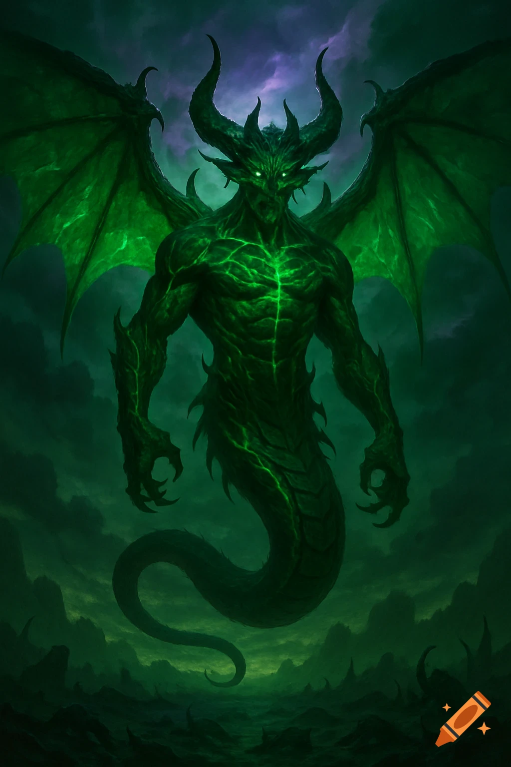 A muscular green demon with large horns, glowing eyes, bat-like wings, and a serpentine tail hovers above a dark, eerie landscape.